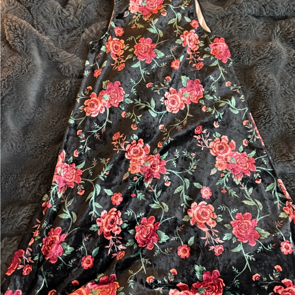 Modcloth Black Midi Dress with Red Floral Pattern